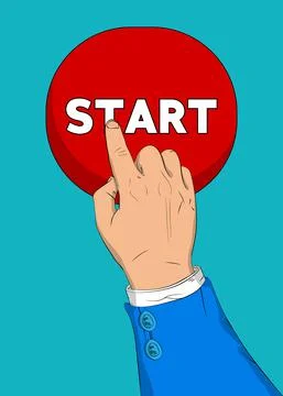 Businessman pushing Start button with his index finger. Comic book style conc Illustrazione stock