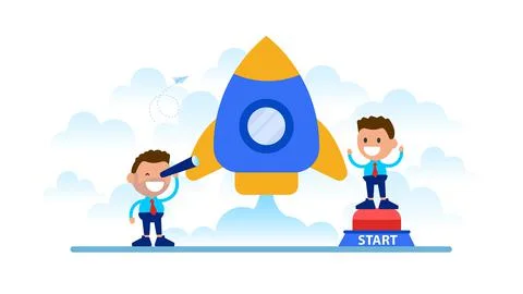 Businessman pushing the start button. Start Up.	 스톡 일러스트