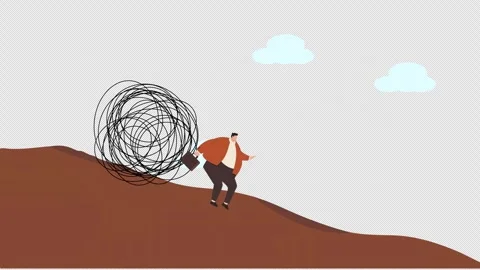 Businessman pushing tangled problem ball uphill, symbolizing struggle Stock Footage 346436568