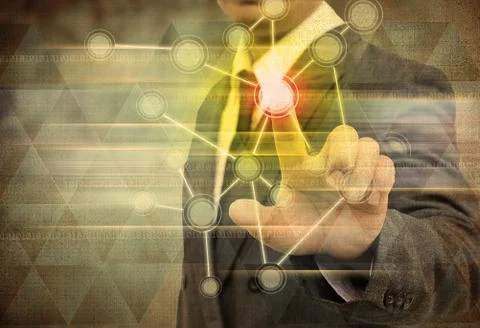 Businessman pushing a touch screen interface in the old paper Ilustração Stock