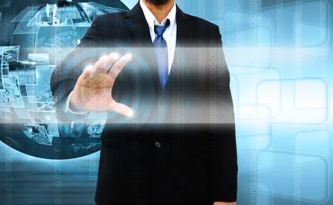 Businessman pushing a touch screen interface 스톡 일러스트