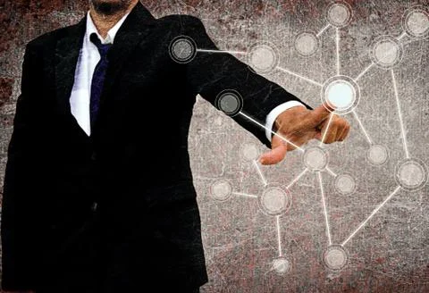 Businessman pushing a touch screen interface in the old texture Stock Illustration