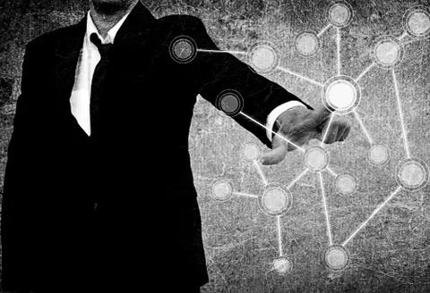 Businessman pushing a touch screen interface in the old texture Stock Illustration