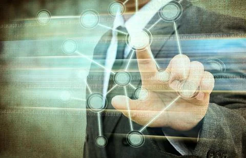 Businessman pushing a touch screen interface in the old paper Stock Illustration