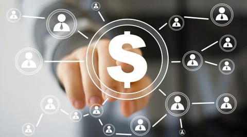 Businessman pushing virtual button with dollar icon Stockbeeldmateriaal 51859315