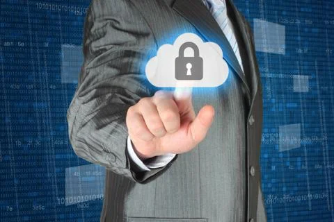 Businessman pushing virtual cloud security button. 스톡 일러스트