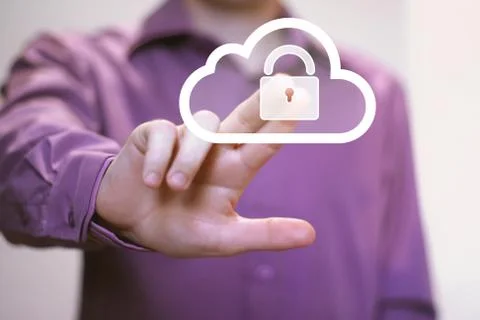 Businessman pushing virtual icon button cloud sign Stock Photos