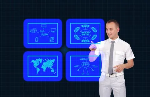 Businessman pushing virtual screen Ilustración de archivo