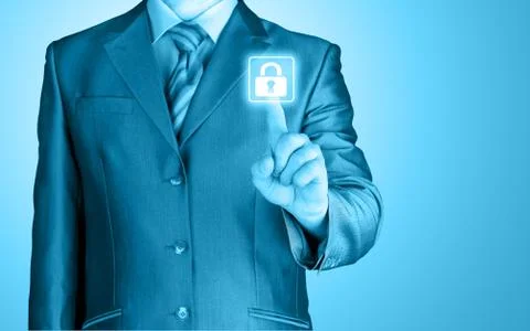 Businessman pushing virtual security button Stock Illustration