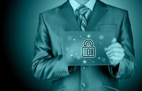 Businessman pushing virtual security button Stock Illustration