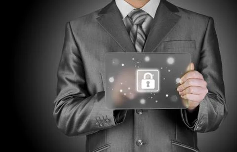 Businessman pushing virtual security button Illustrazione stock