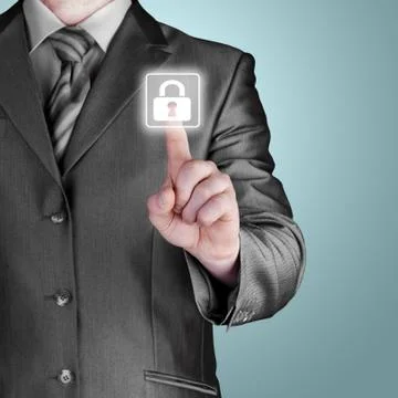 Businessman pushing virtual security button Illustrazione stock