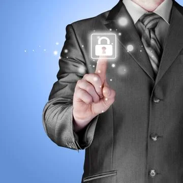 Businessman pushing virtual security button Illustrazione stock