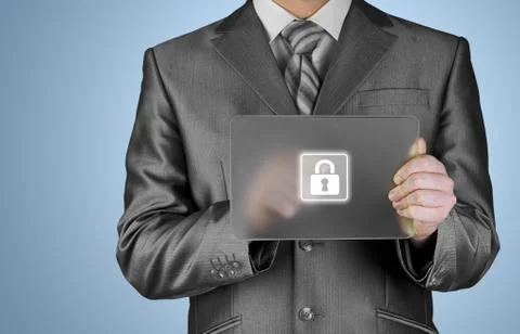 Businessman pushing virtual security button Illustrazione stock