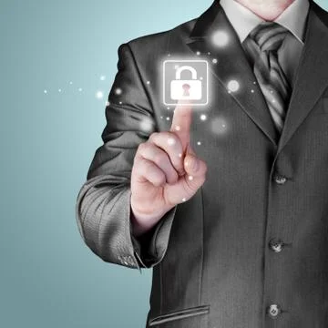 Businessman pushing virtual security button Stock Illustration