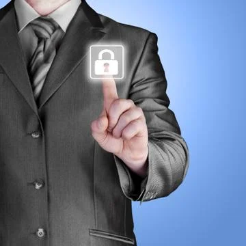 Businessman pushing virtual security button Stock Illustration