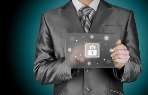 Businessman pushing virtual security button Stock Illustration