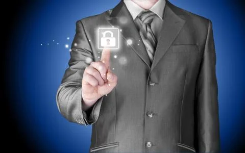 Businessman pushing virtual security button Illustrazione stock