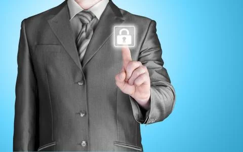 Businessman pushing virtual security button Illustrazione stock
