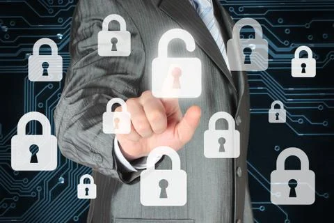 Businessman pushing virtual security button. Stock Illustration
