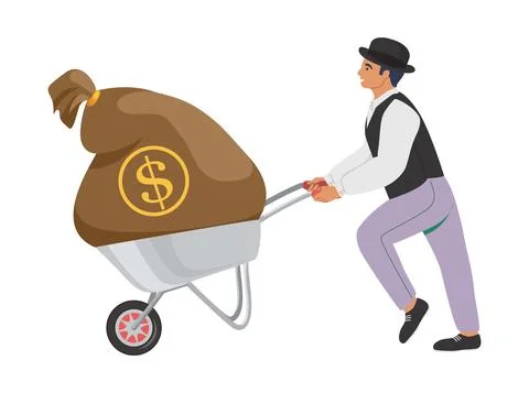 Businessman pushing wheelbarrow with money bag, flat vector illustration. A man Stock Illustration