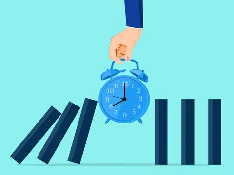 A businessman puts down a watch to prevent dominoes from falling. The concept Stock Illustration