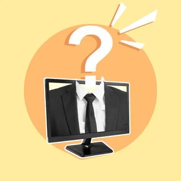A businessman with a question mark head on a computer screen Stock Photos