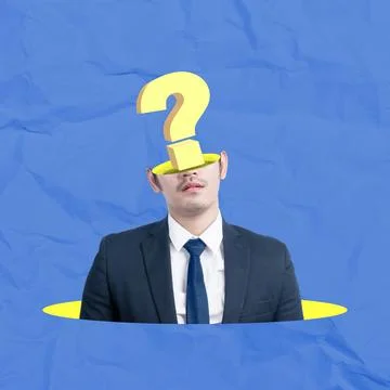 A businessman with a question mark head thinking about something on a color.. Foto stock