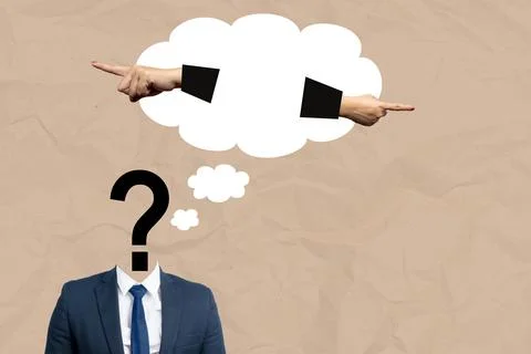 Businessman with question mark head thinking with cloud bubble showing poin.. Stock Photos