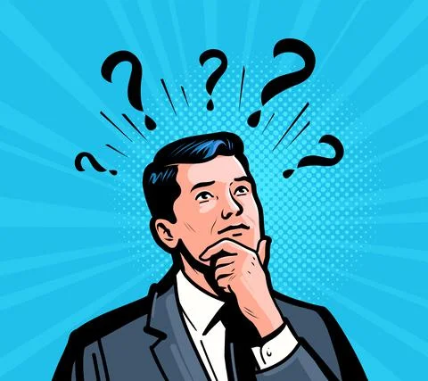 Businessman with question marks. Man thinks how to solve problems. Business Stock Illustration