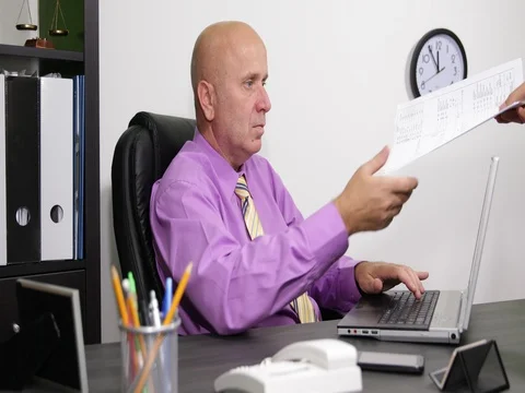 Businessman Read Papers Content Refuse and Give Back Documents to Assistant Video stock 83639686