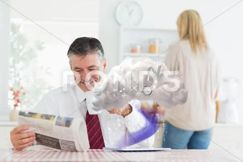 Businessman reading paper while tablet is connecting to cloud computing Stock Illustration