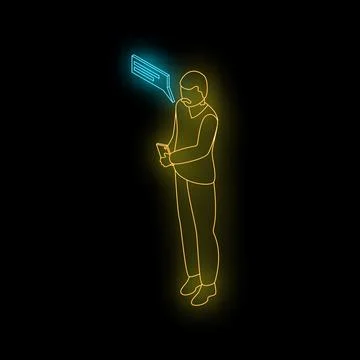 Businessman reading a text message on smartphone with speech bubble in neon.. Stock Illustration