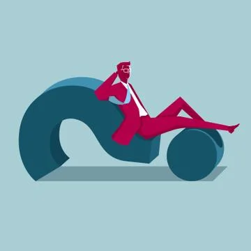Businessman rest on a question mark . Background is blue. Stock Illustration