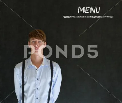 Businessman, restaurant owner or chef with chalk menu Stock Photos