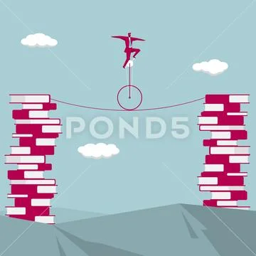 The businessman is riding a wheelbarrow on the steel wire. Stunt show. Stock Illustration