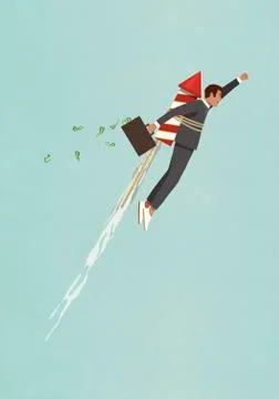 Businessman with rocket accelerating upwards Stock Illustration
