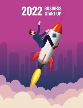 Businessman on a rocket fly Start up, through sky on 2022 year. Goal achievement Stock Illustration