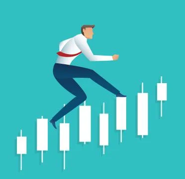 Businessman running with candlestick chart background Stock Illustration