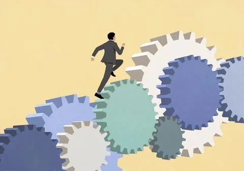 Businessman running up connected cogs Stock-Illustration
