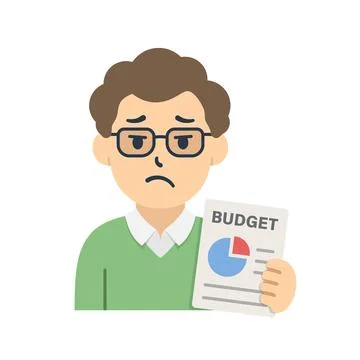 Businessman with sad face, budget document icon in flat style. Male account.. イラスト素材