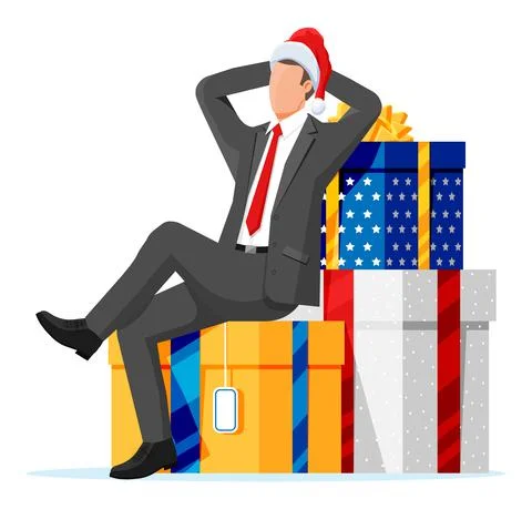 Businessman in Santa Hat and Stack of Presents. Illustrazione stock