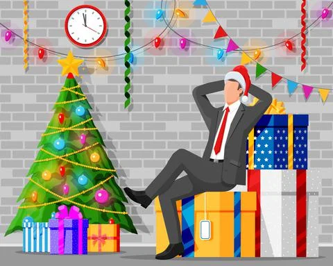 Businessman in Santa Hat and Stack of Presents. 库存插图