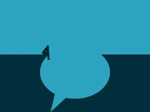 Businessman sat dejectedly in the space between speech bubbles Stock Illustration