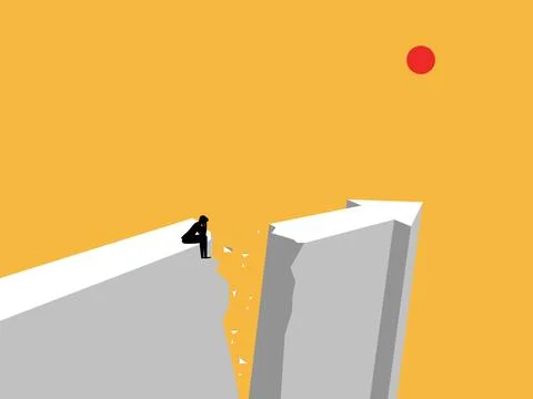 Businessman sat stressed on the side of a collapsed cliff Stock Illustration