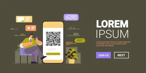 Businessman scanning QR code on smartphone screen readable barcode verificati Stock Illustration