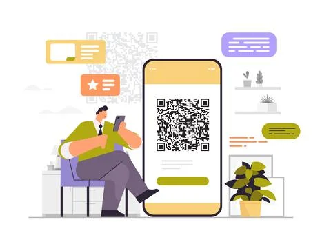 Businessman scanning QR code on smartphone screen readable barcode verification Stock Illustration