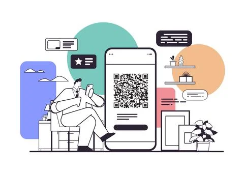 Businessman scanning QR code on smartphone screen readable barcode verification Illustrazione stock
