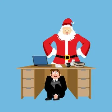 Businessman scared under table of angry Santa Claus. frightened business man  Stock Illustration