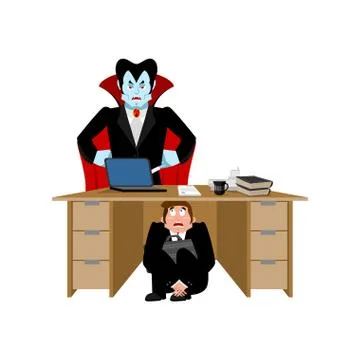 Businessman scared under table of dracula vampire. To hide from not to drink  Stock Illustration